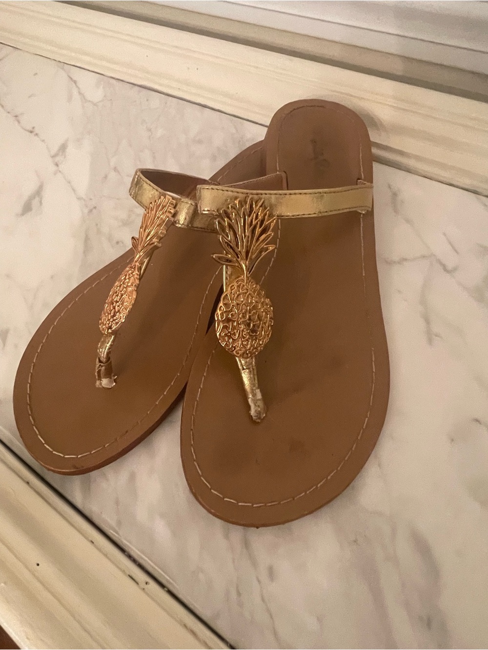 Lilly Pulitzer Gold Pineapple T‑Strap Sandals
